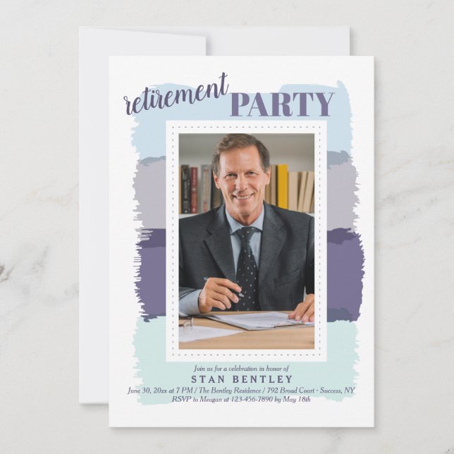 Invitación Brocha de pincel Fiesta de retiro fotográfico azul (Anverso)