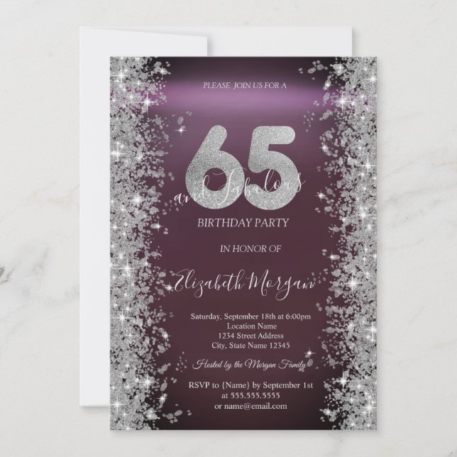 Invitación Brocha de plata Diamantes Borgoña 65 cumpleaños (Anverso)
