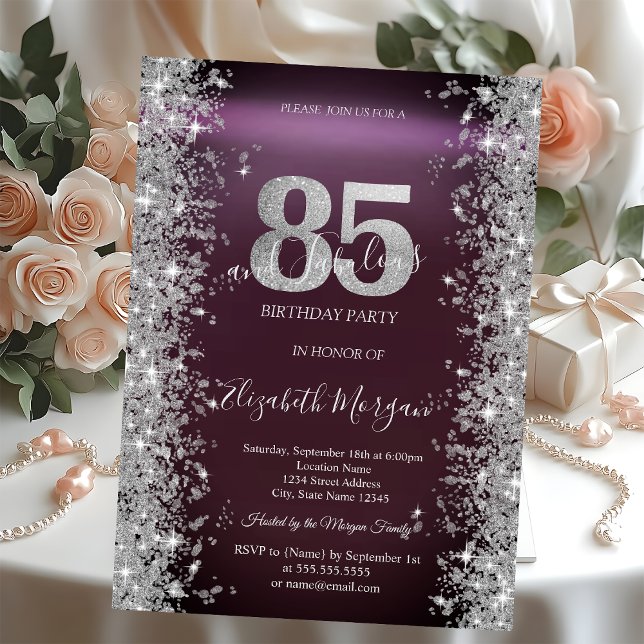 Invitación Brocha de plata Diamantes Borgoña 85º cumpleaños (Subido por el creador)