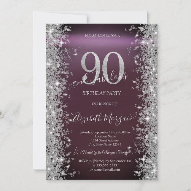 Invitación Brocha de plata Diamantes Borgoña 90 cumpleaños (Anverso)