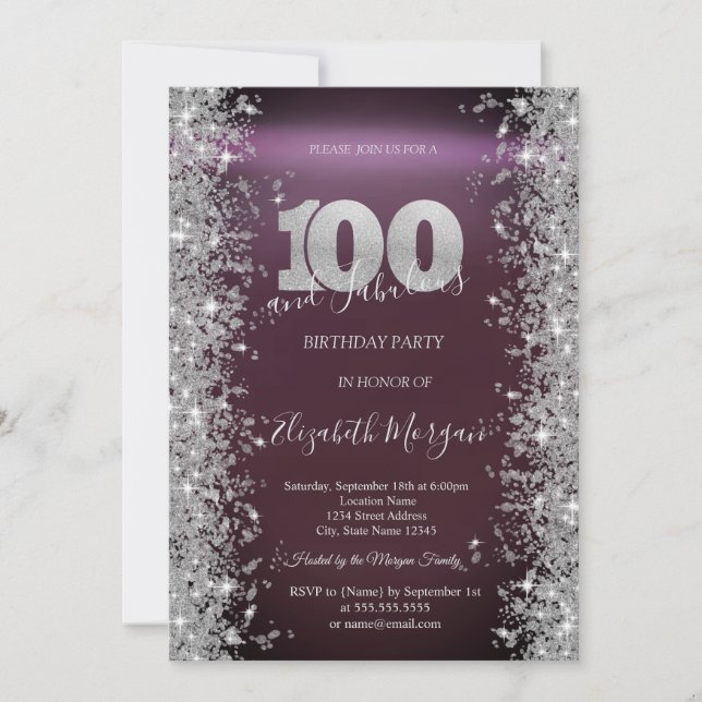Invitación Brocha de plata Diamantes Borgoña Cumpleaños 100 (Anverso)