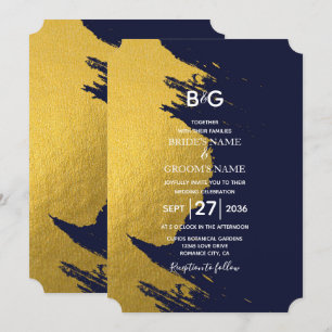 Invitación Brochas de oro falsas y azul marino con monograma