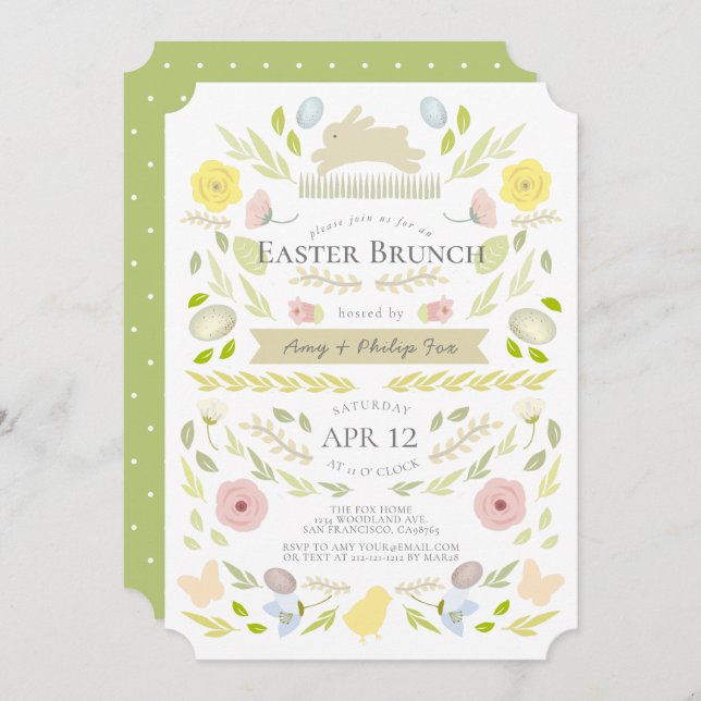 Invitación Broche Primavera Floral Bunny Foliage Green Easter (Anverso / Reverso)