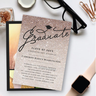 Invitación Bronce Glitter Estiloso Graduado Fiesta de Graduac