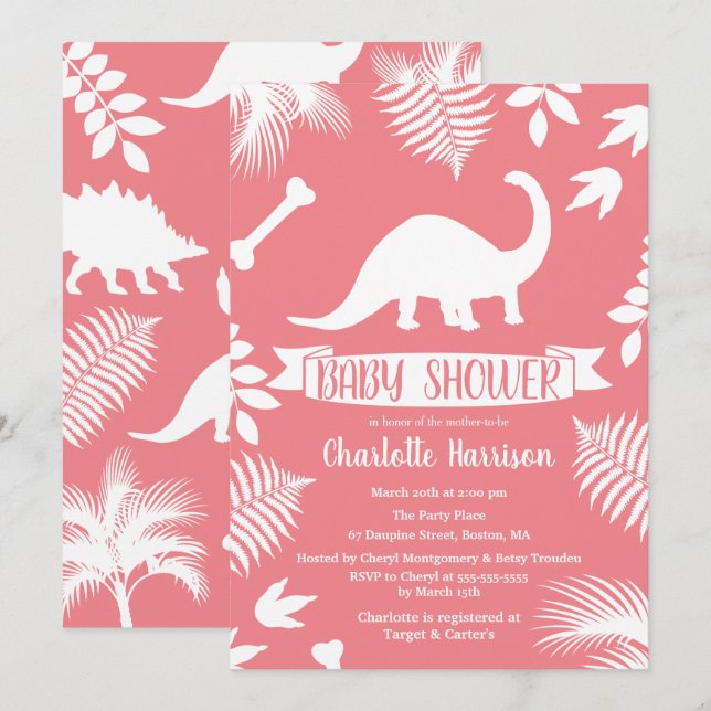 Invitación Brontosauro rosa Dinosaurio Baby Shower (Anverso / Reverso)