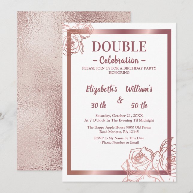 Invitación Bronze Adultos Doble Conjunta de cumpleaños gemelo (Anverso / Reverso)