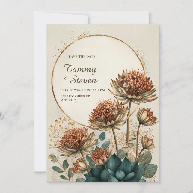 Invitación Bronze Astrantia Teal Botanical Wedding (Anverso)