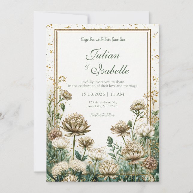 Invitación Bronze Emerald Watercolor Astrantia Wedding (Anverso)