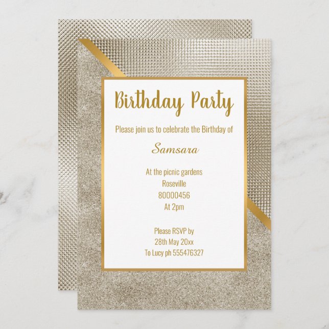 INVITACIÓN BRONZE METALLIC GOLD EMBOSS LOOK BIRTHDAY (Anverso / Reverso)