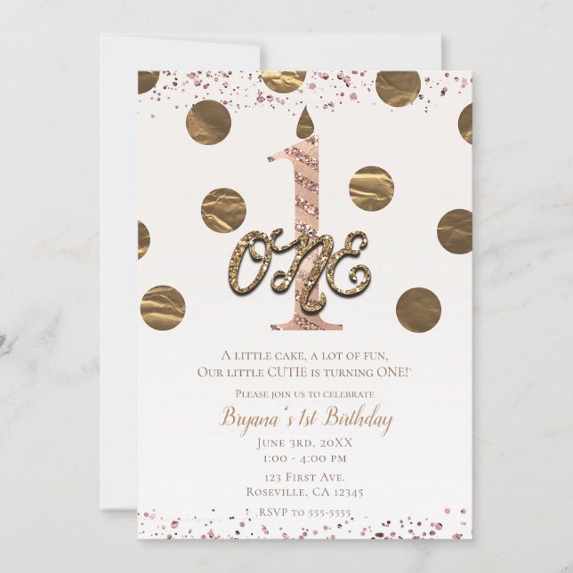 Invitación Bronze Polka Dots Rosa Oro UNO Primer Cumpleaños (Anverso)