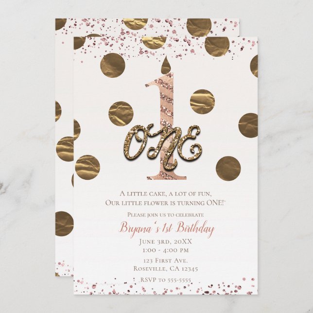 Invitación Bronze Polka Dots Rosa Oro UNO Primer Cumpleaños (Anverso / Reverso)