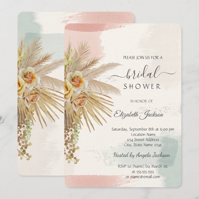 Invitación Brote de brocha, ducha de novia con flores de boho (Anverso / Reverso)