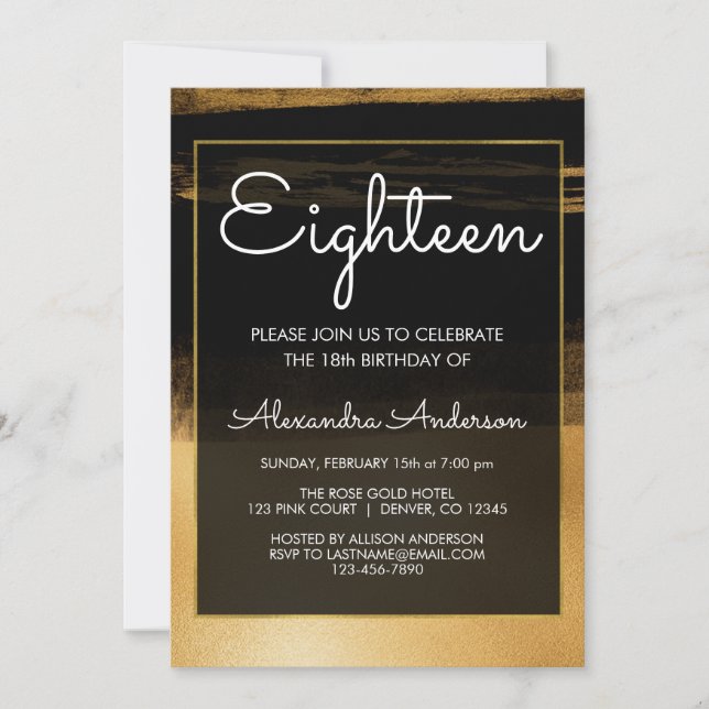Invitación Brote de pincel negro y Relieve metalizado dorado  (Anverso)