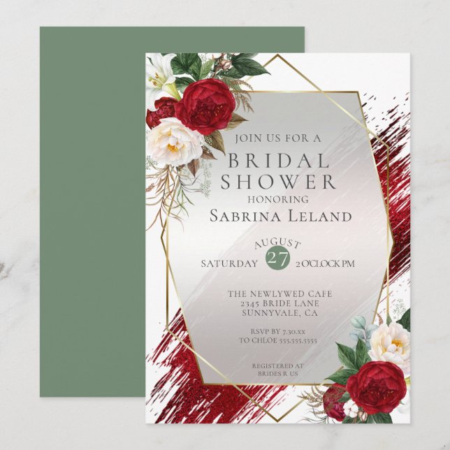Invitación Brote de pintura de Crimson y peonías de escarlata (Anverso / Reverso)