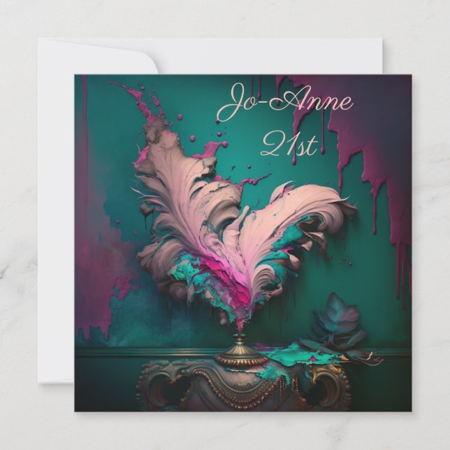 Invitación Brote rosa de plumas (Anverso)