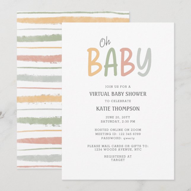 Invitación Brotes de pincel Pastel Oh Baby Shower virtual par (Anverso / Reverso)