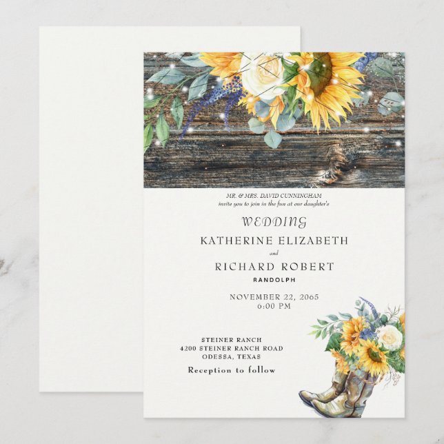 Invitación Brotes y luces de madera de girasol rústico (Anverso / Reverso)