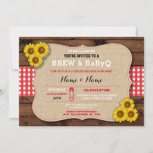 Invitación Brow & BABYQ Red Baby Shower Burlap Sunflower (Anverso)