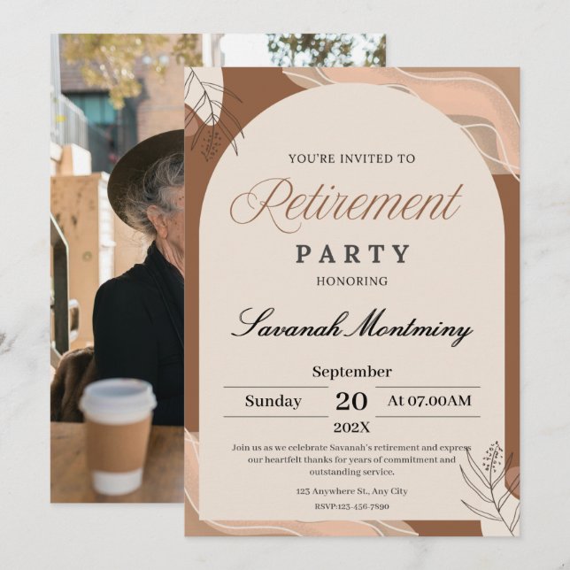 Invitación Brown and Cream Aesthetic Retirement Party Photo  (Anverso / Reverso)
