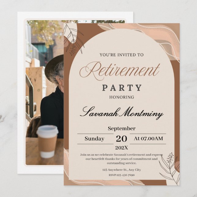 Invitación Brown and Cream Aesthetic Retirement Party Photo  (Anverso / Reverso)
