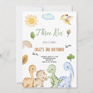 Invitación Brown And Green Dinosaur Three Rex 3rd Birthday 