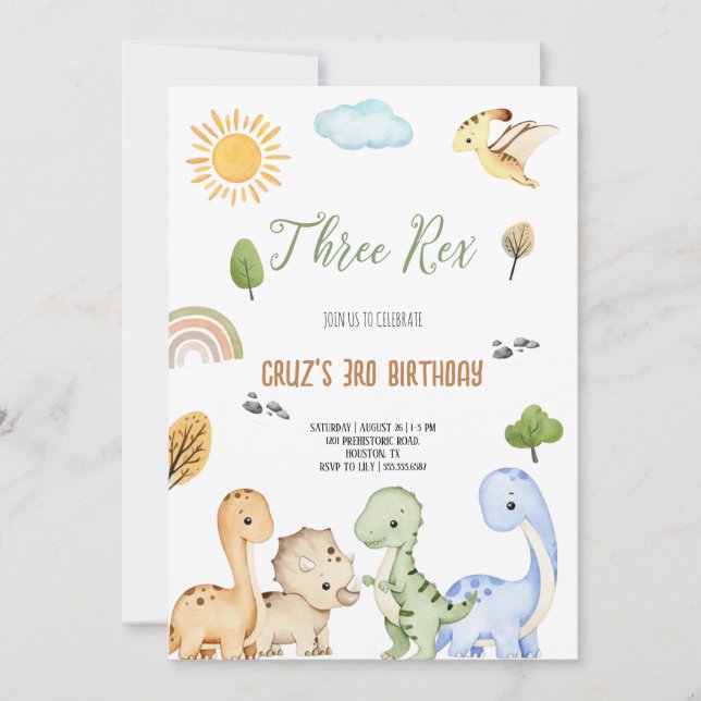 Invitación Brown And Green Dinosaur Three Rex 3rd Birthday  (Anverso)