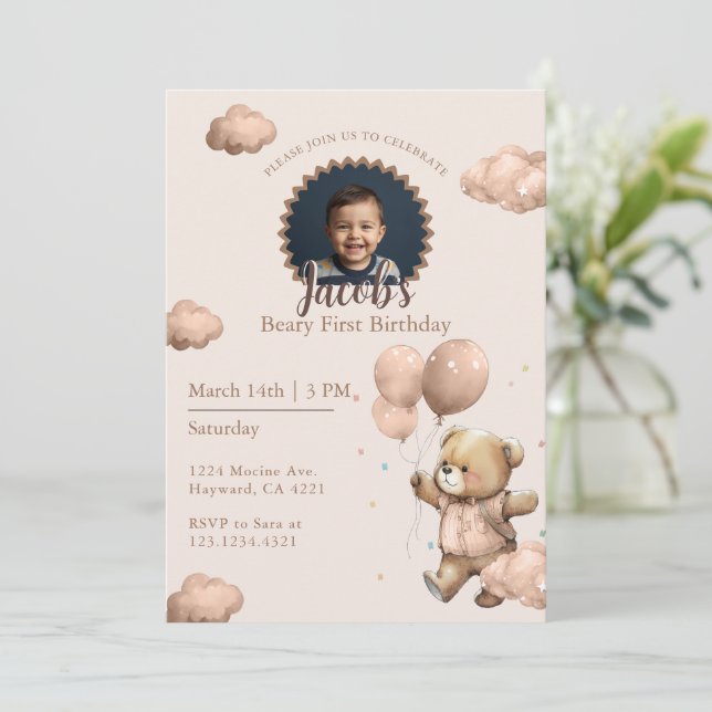 Invitación Brown Beary First Birthday Boy Photo (Anverso de pie)