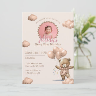 Invitación Brown Beary First Birthday Girl Photo