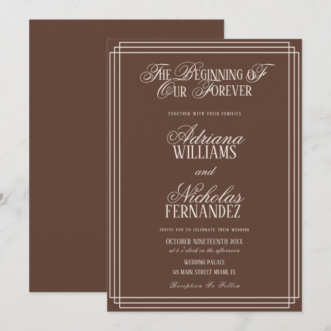 Invitación Brown Beginning Of Our Forever Timeless Wedding (Anverso / Reverso)