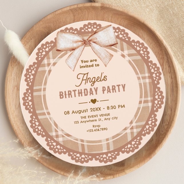 Invitación Brown beige bow plaid birthday (Subido por el creador)