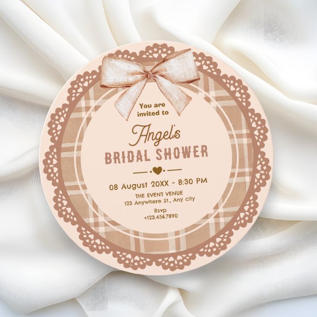 Invitación Brown beige bow plaid bridal shower (Subido por el creador)
