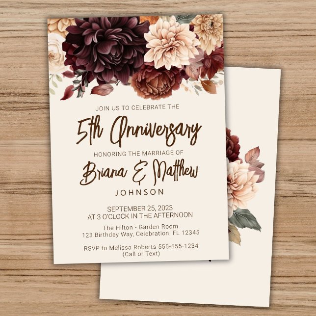 Invitación Brown Beige Ivory Floral 5º aniversario Boda (Subido por el creador)