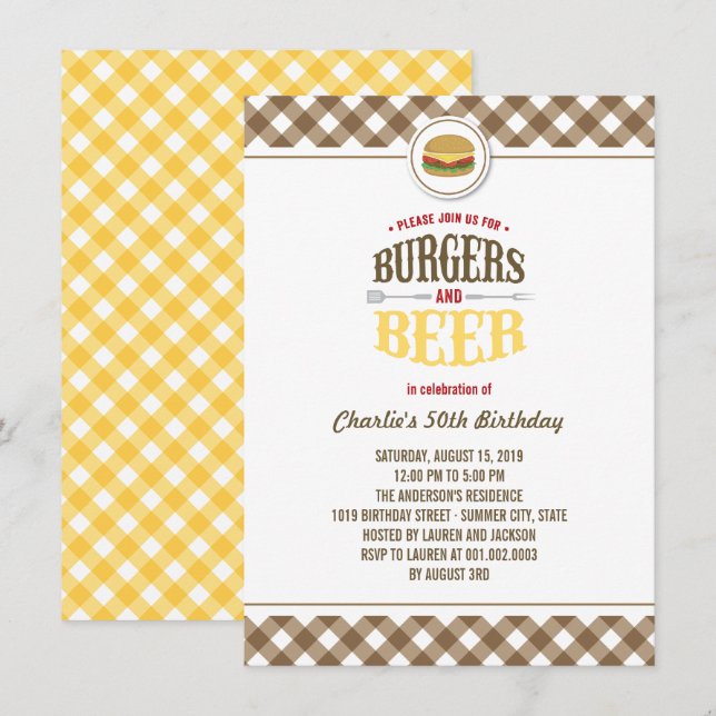 Invitación Brown Checks Burgers & Beer Summer Birthday Party (Anverso / Reverso)