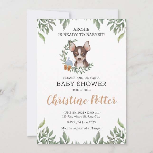 Invitación Brown Chihuahua Dog Boy Boho Greenery Baby Shower (Anverso)