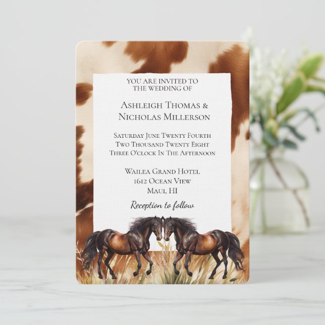 Invitación Brown Cream Cowhide Horses Wedding (Anverso de pie)