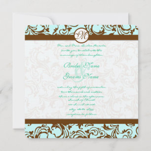 Invitación Brown Damask Light Aqua Blue Wedding Invitation