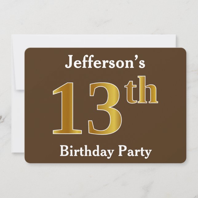 Invitación Brown, Faux Gold 13th Birthday Party; Nombre perso (Anverso)