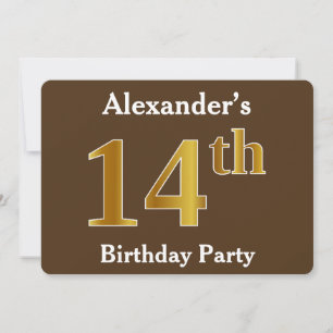 Invitación Brown, Faux Gold 14th Birthday Party; Nombre perso