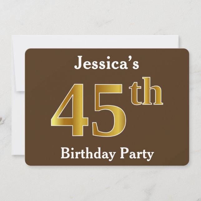 Invitación Brown, Faux Gold 45th Birthday Party; Nombre perso (Anverso)