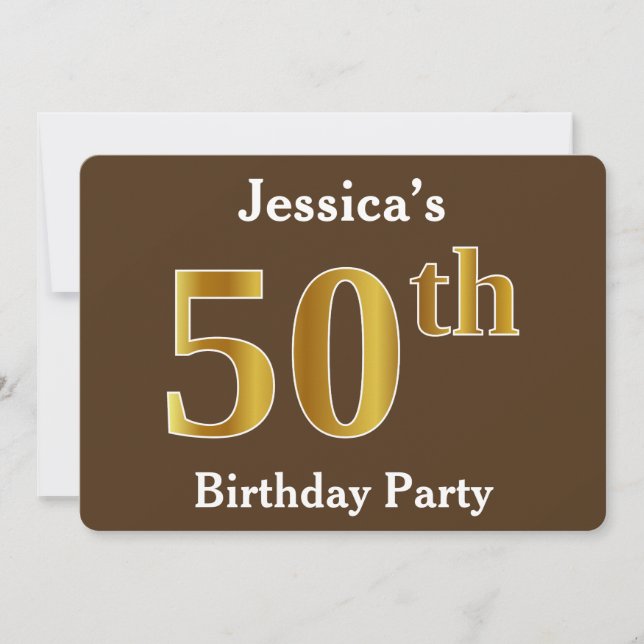 Invitación Brown, Faux Gold 50th Birthday Party; Nombre perso (Anverso)