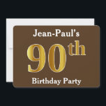 Invitación Brown, Faux Gold 90th Birthday Party; Nombre perso<br><div class="desc">Este diseño de invitación presenta el número ordinal "90" con un aspecto falso dorado. También tiene un nombre personalizado y un fondo de color marrón. Los detalles del evento en la parte posterior se pueden personalizar. Se podría usar para invitar a la gente a la fiesta de cumpleaños número noventa...</div>