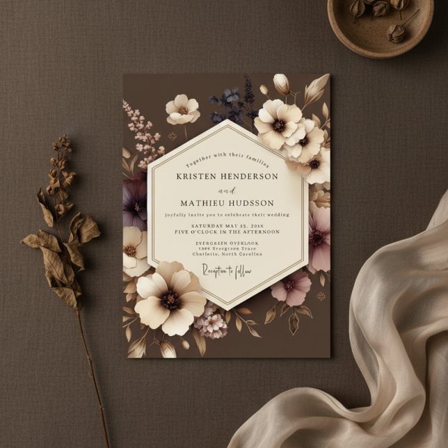 Invitación Brown Floral Nocturne Wedding (Subido por el creador)