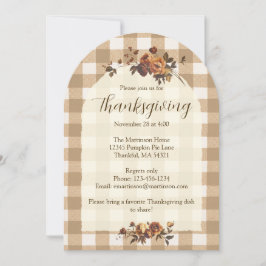 Invitación Brown Gingham Autumn Florals Arch Acción de Gracia