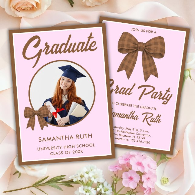 Invitación Brown Gingham Bow Photo Graduation Party (Subido por el creador)