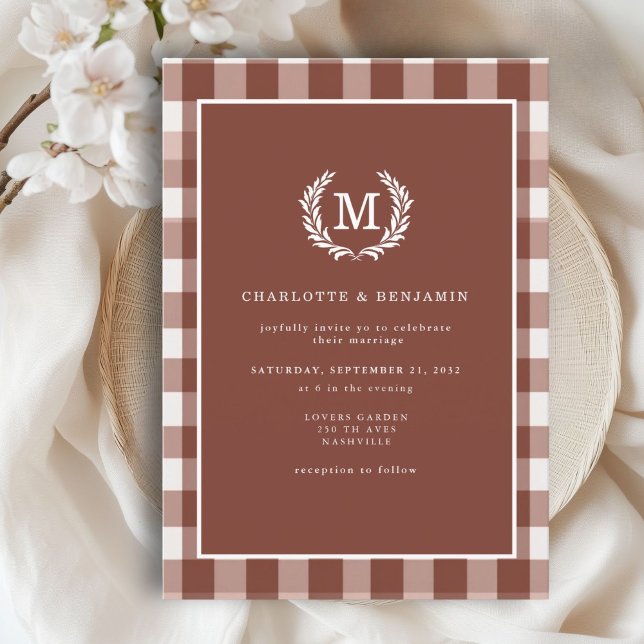 Invitación Brown Gingham Monogram Escudo (Brown Gingham Monogram Crest Invitation. Print & Instant Download.)