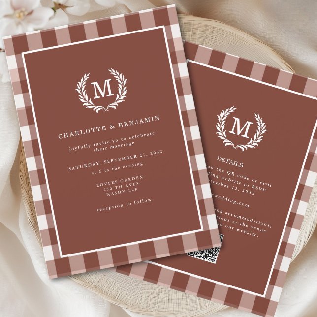 Invitación Brown Gingham Monograma Escudo QR Código (Subido por el creador)