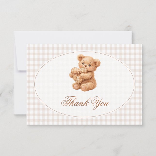 Invitación Brown Gingham Teddy Bear Neutral Baby Shower Paper (Anverso)