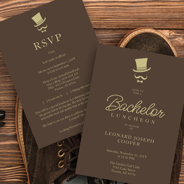 Invitación Brown Gold Chic Funny Gentleman Bachelor Luncheon (Brown & Fake Gold Chic Funny Gentleman Bachelor Luncheon Invitation with Envelope.)