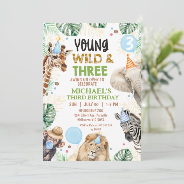 Invitación Brown Green Blue Young Wild Three 3rd Birthday (Anverso de pie)