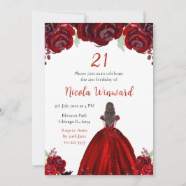 Invitación Brown Hair Princess Red Floral Birthday Party